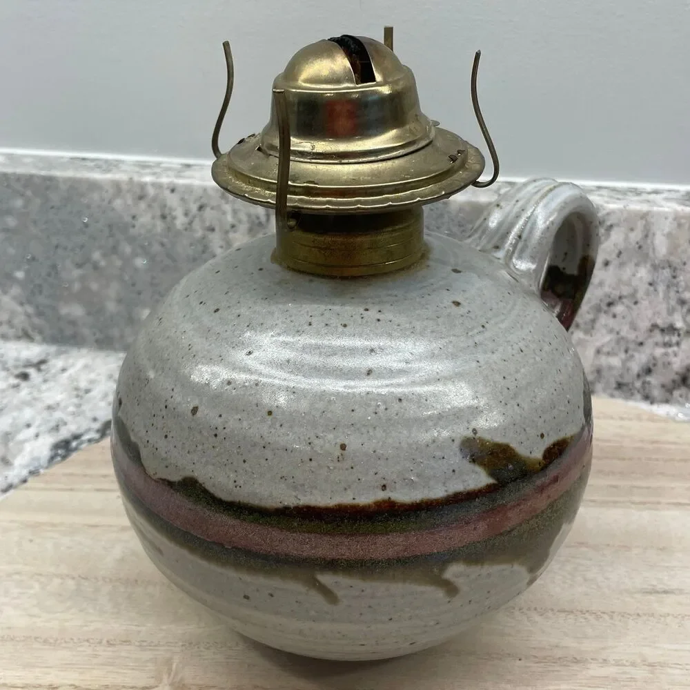 Vintage Studio Art Pottery Brass Oil Lamp Round Base Handle & Wick Artist Signed